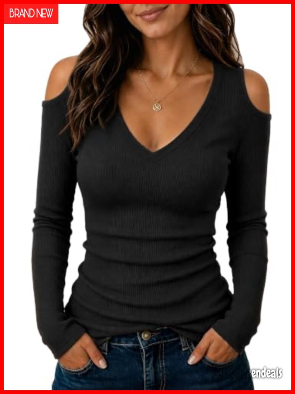 Women Long Sleeve V Neck Cold Shoulder Ribbed Knit Slim Fit Tunic Top Fall
